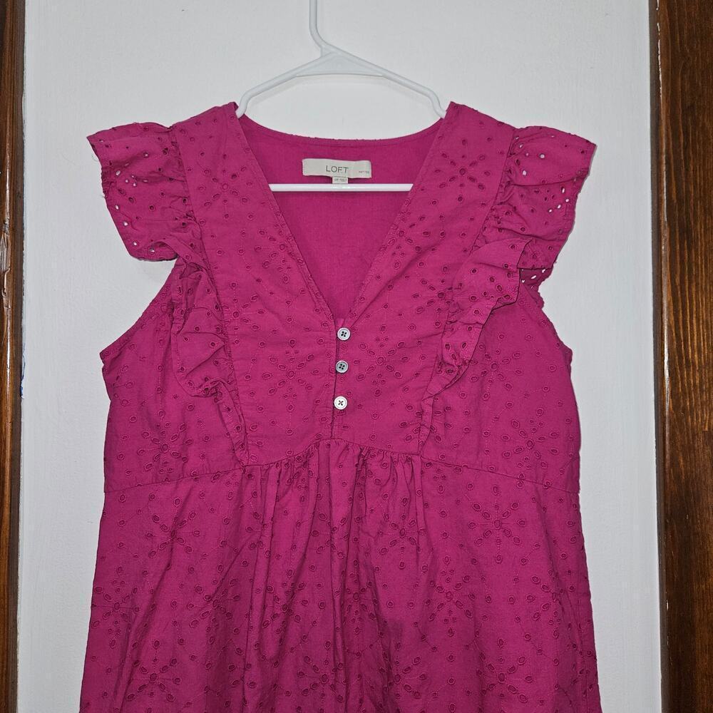 Ann Taylor LOFT Pink Dress Eyelet V-neck Flutter Sleeve Size Small Petite Cotton - Picture 3 of 8